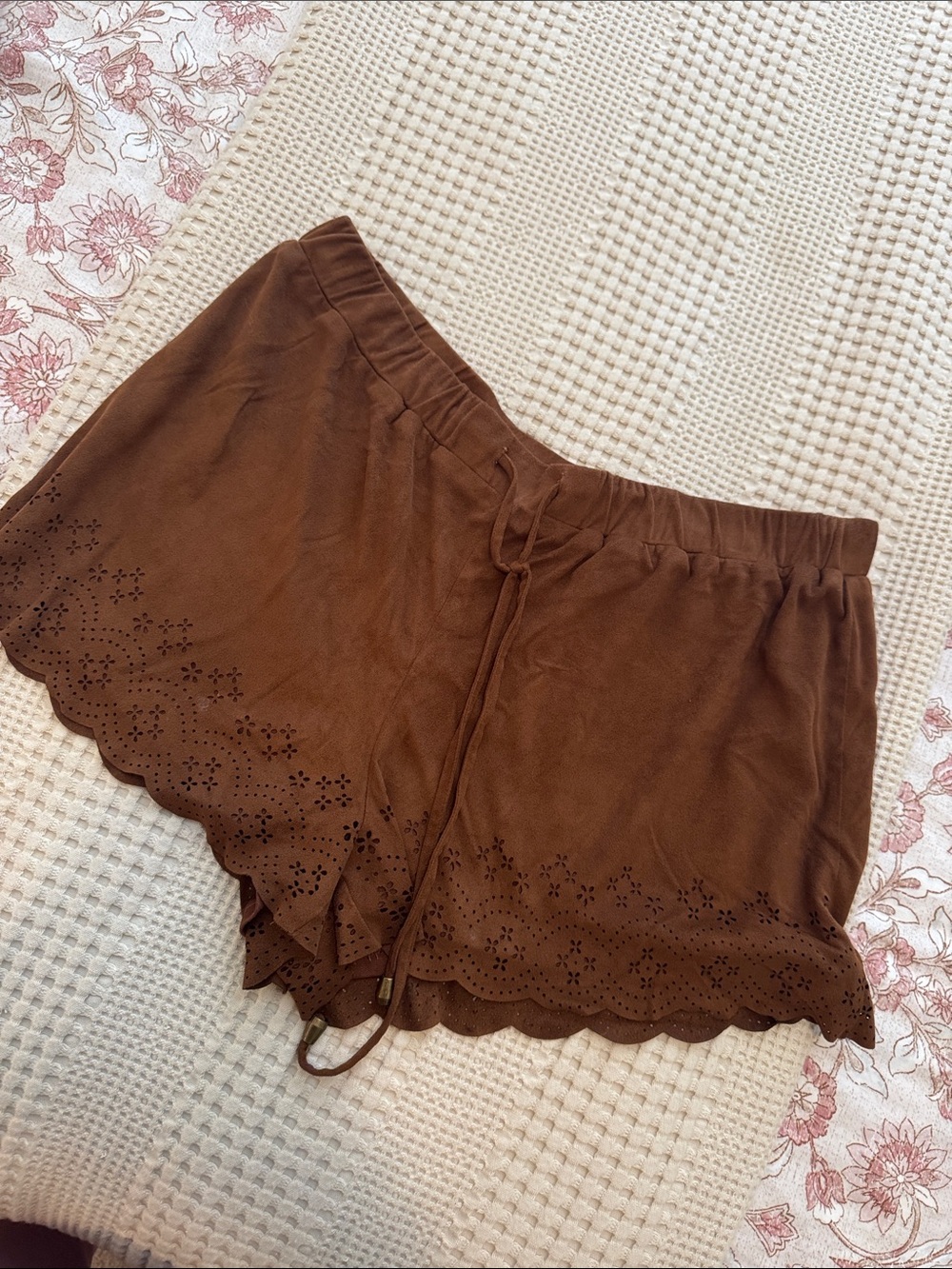 Alya Brown Scalloped Hem Suede High-Waist Shorts
